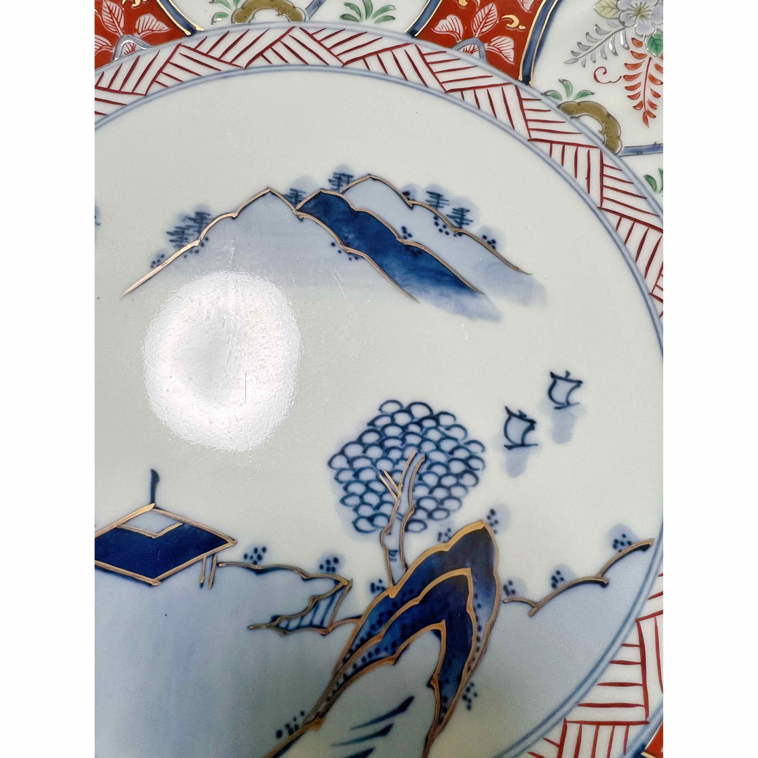 美術品/アンティーク色鍋島焼　瀬兵窯　肥前伊万里　藤花山水絵　超大皿　飾皿　直径33.5cm　美術品