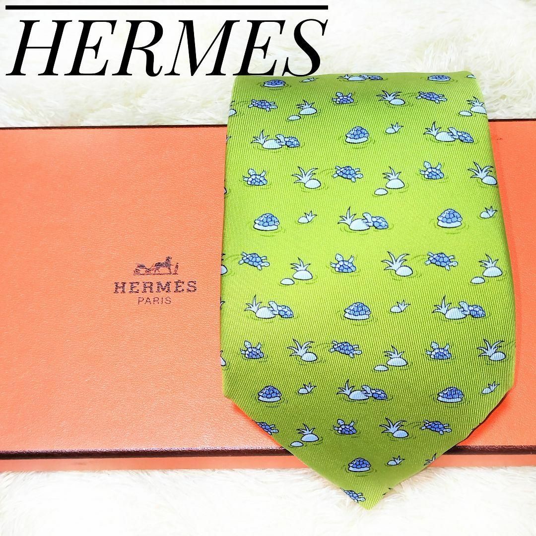 美品 エルメス ネクタイ メンズ シルク100％ 亀柄 hermes グリーン