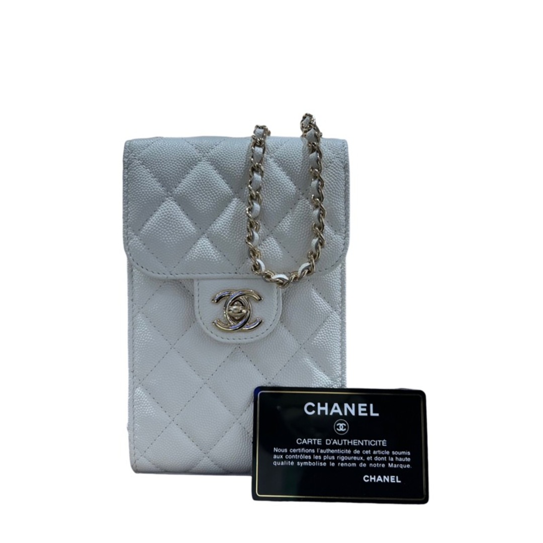 シャネル CHANEL チェーンショルダー ホワイト キャビアスキン レディース ショルダーバッグ