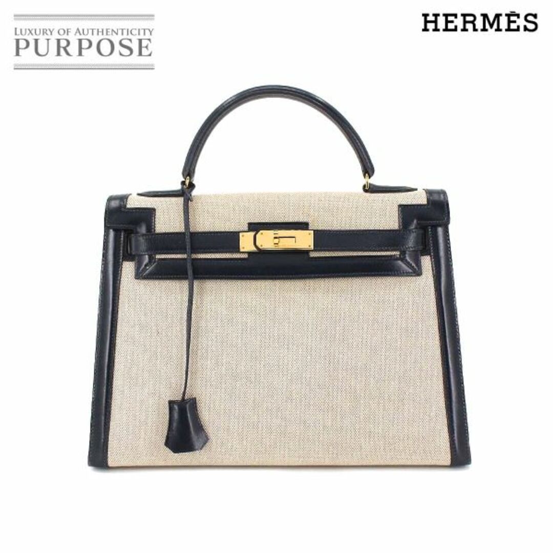 エルメス HERMES ケリー 32 ハンド バッグ トワルアッシュ ボックスカーフ ナチュラル ブルーインディゴ 外縫い 〇R刻印 VLP 90167683