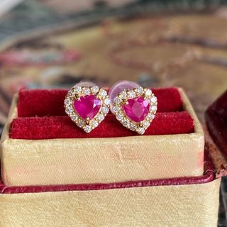 750 Heart 天然ルビー&ダイヤモンド デザインピアス-