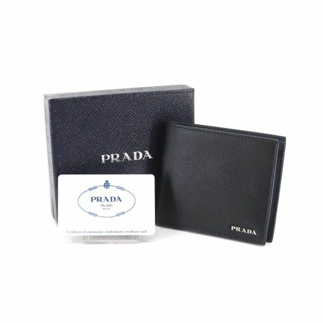 未使用 展示品 プラダ PRADA サフィアーノ 二つ折り 財布 レザー ネロ バルテイコ 2MO738 シルバー 金具 ブラック ネイビー VLP  90207725