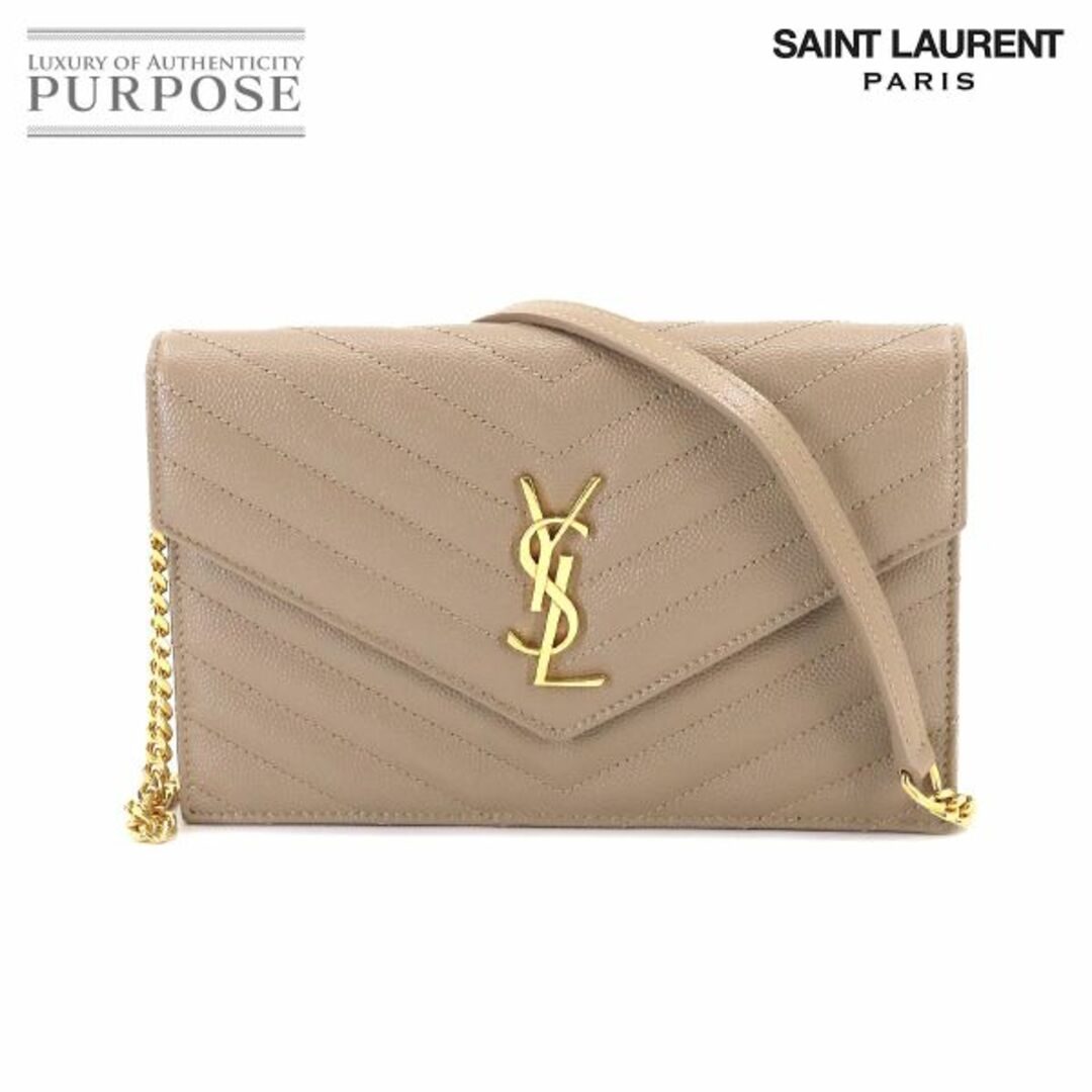 未使用 展示品 サンローラン パリ SAINT LAURENT PARIS エンベロープ チェーン ウォレット 長財布 レザー ベージュ 393953 VLP 90208354