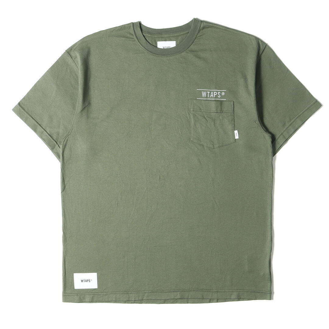 WTAPS ダブルタップス Tシャツ サイズ:M 23SS ロゴ 刺繍 ポケット クルーネック 半袖 Tシャツ SAC 02 SS CREVASSE オリーブドラブ トップス カットソー 【メンズ】【美品】