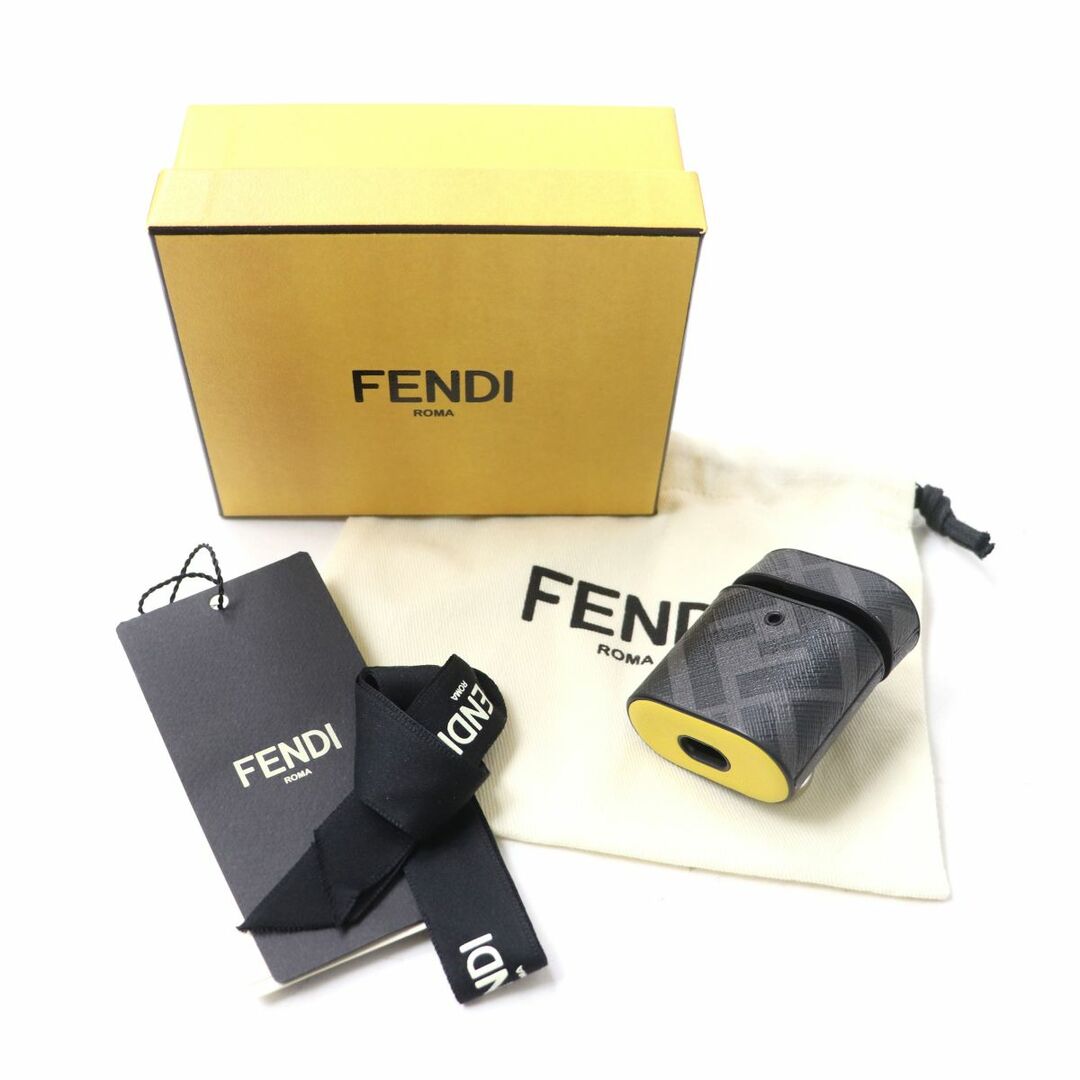 未使用品★FENDI フェンディ 7AR987 ズッカ 総柄 レザー AirPods case／イヤホンケース ブラック×イエロー 箱・保管袋・リボン付き