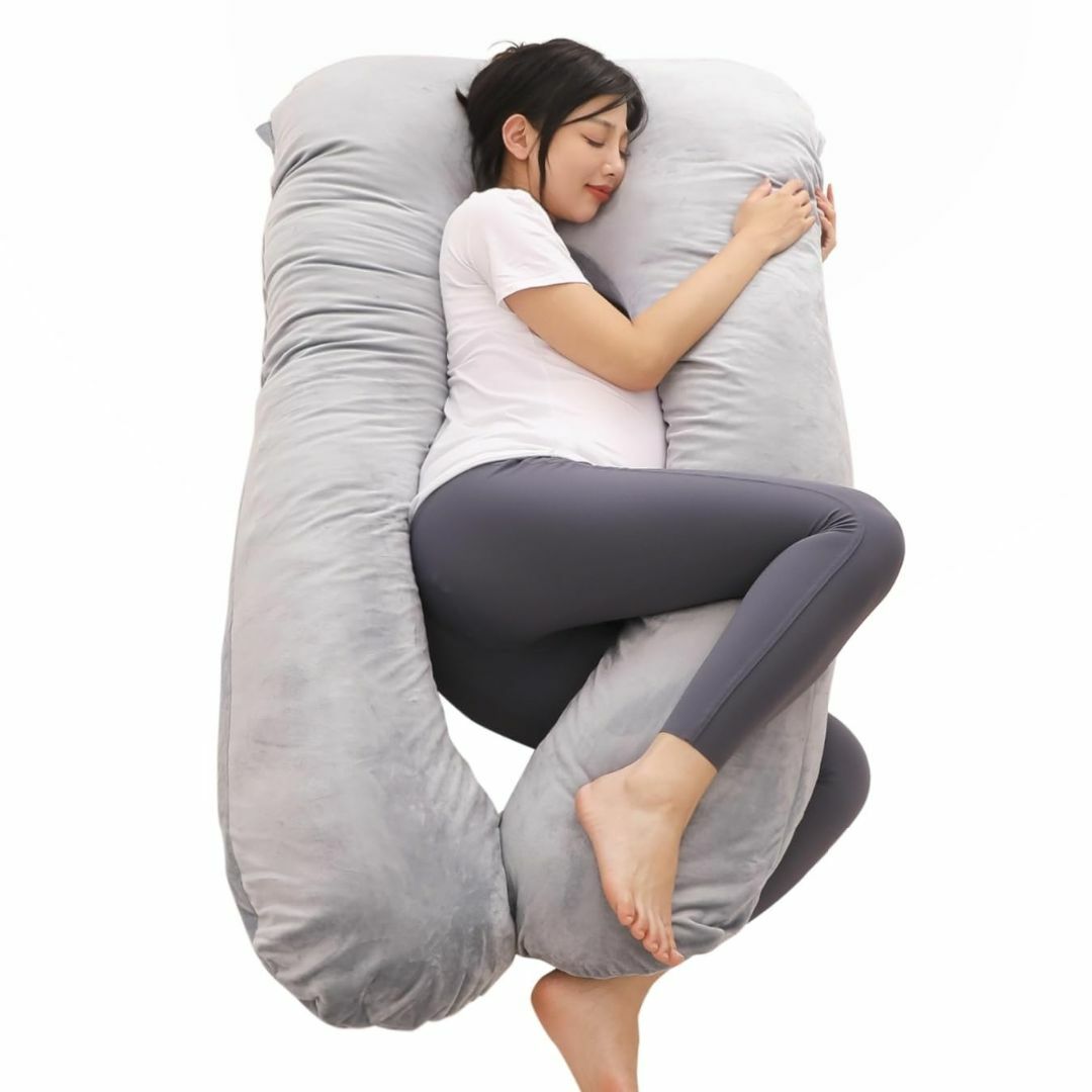 【色: グレー】Qucover 抱き枕 妊婦 大きい U字型抱きまくら 多機能枕
