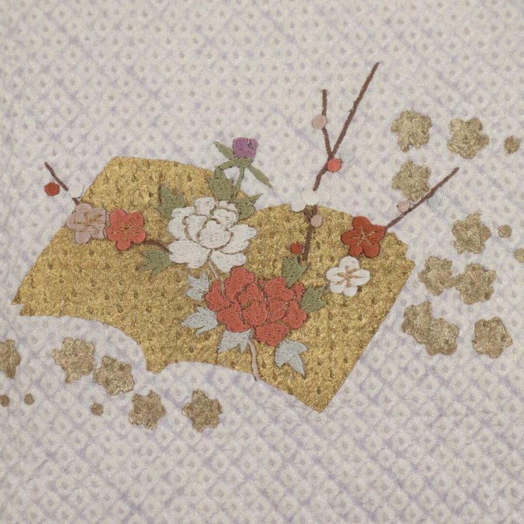 刺繍 訪問着 総鹿の子絞り 袷 着物 四季の花植物 藤色 古典柄 9SH10-