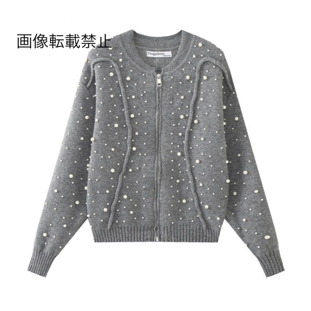 10月新作12593◆gray パール ジッパー ニット カーディガン