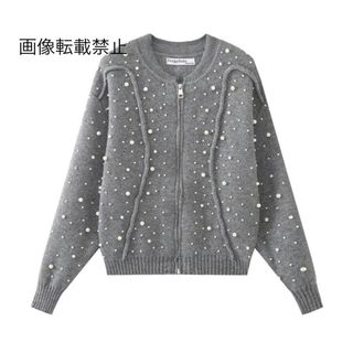 🤎10月新作🎻12593◆gray パール ジッパー ニット カーディガン(カーディガン)