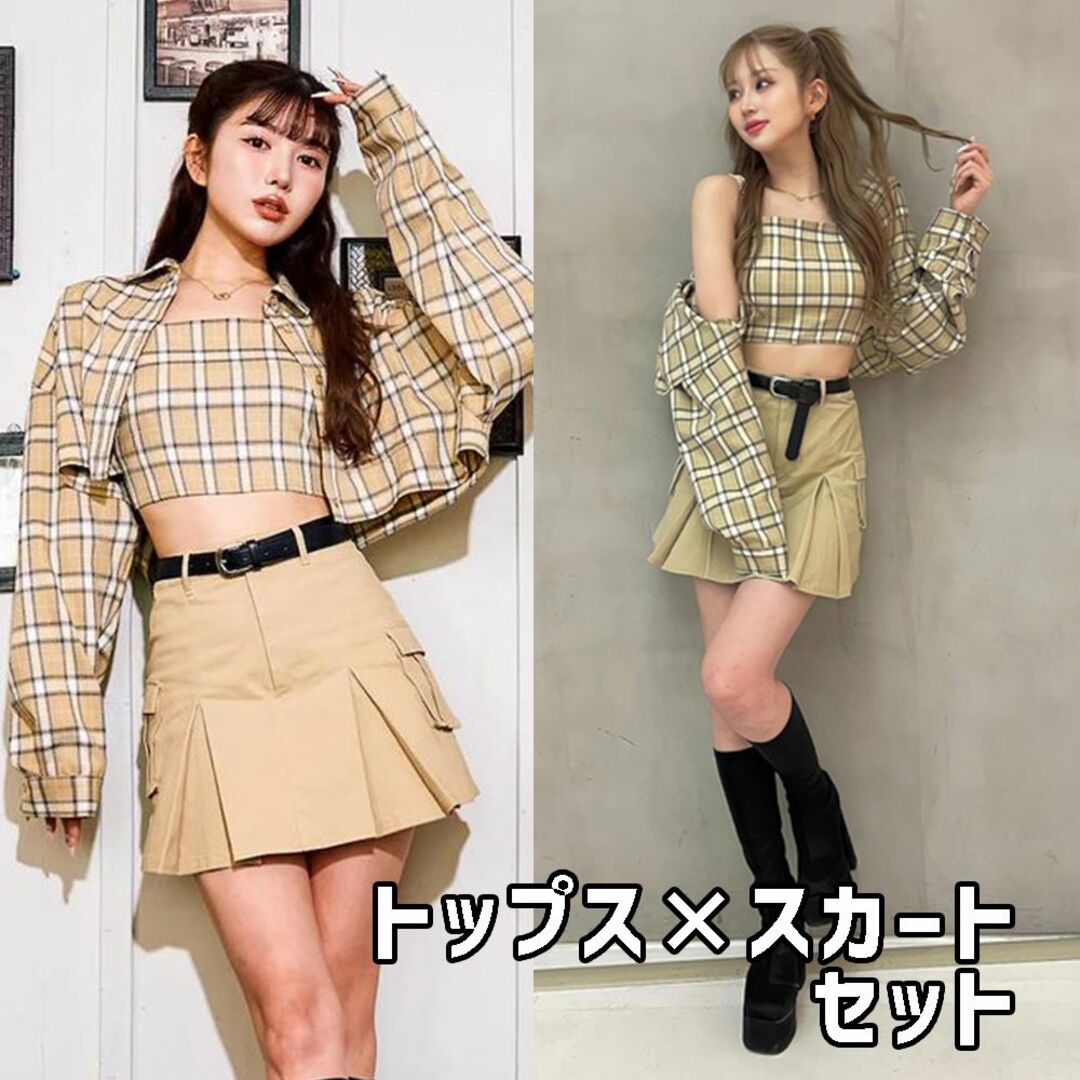 ダーリッチ チェックショートシャツアンサンブル プリーツカーゴミニ