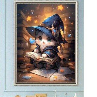 新品ダイヤモンドアート 30×40 星降る夜の本を読むネコ  猫 可愛い 帽子(その他)