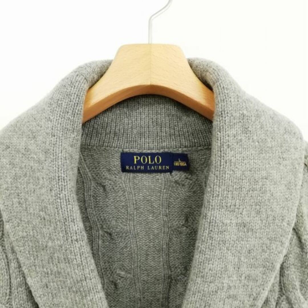 POLO RALPH LAUREN(ポロラルフローレン)の美品 ウール ケーブル ニットショールカラー カーディガン L グレー レディースのトップス(カーディガン)の商品写真