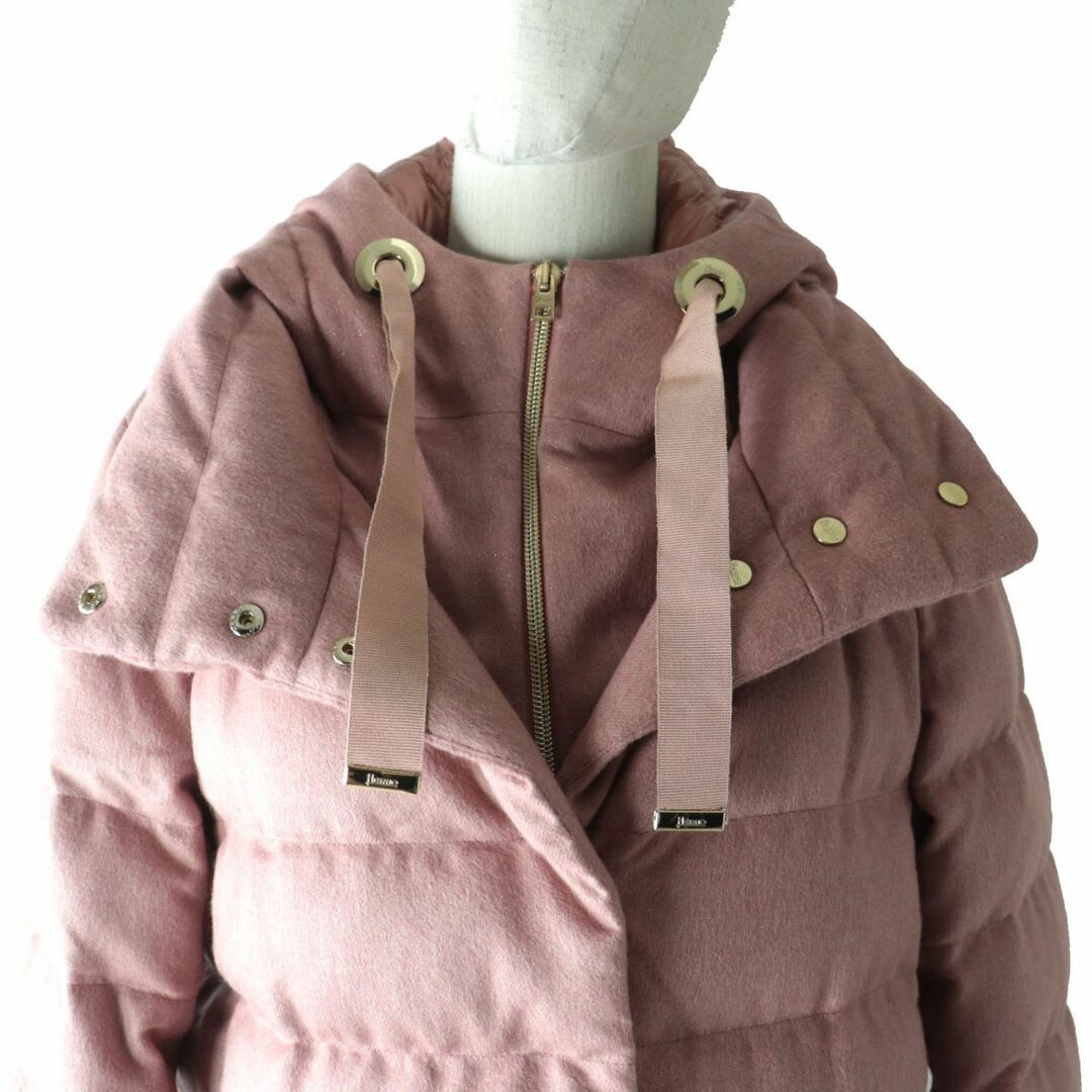 極美品★正規品 HERNO ヘルノ リゾート PI026DR フード・ロゴプレート付き レイヤード風 カシミヤ×シルク ダウンコート ピンク 42 伊製 3
