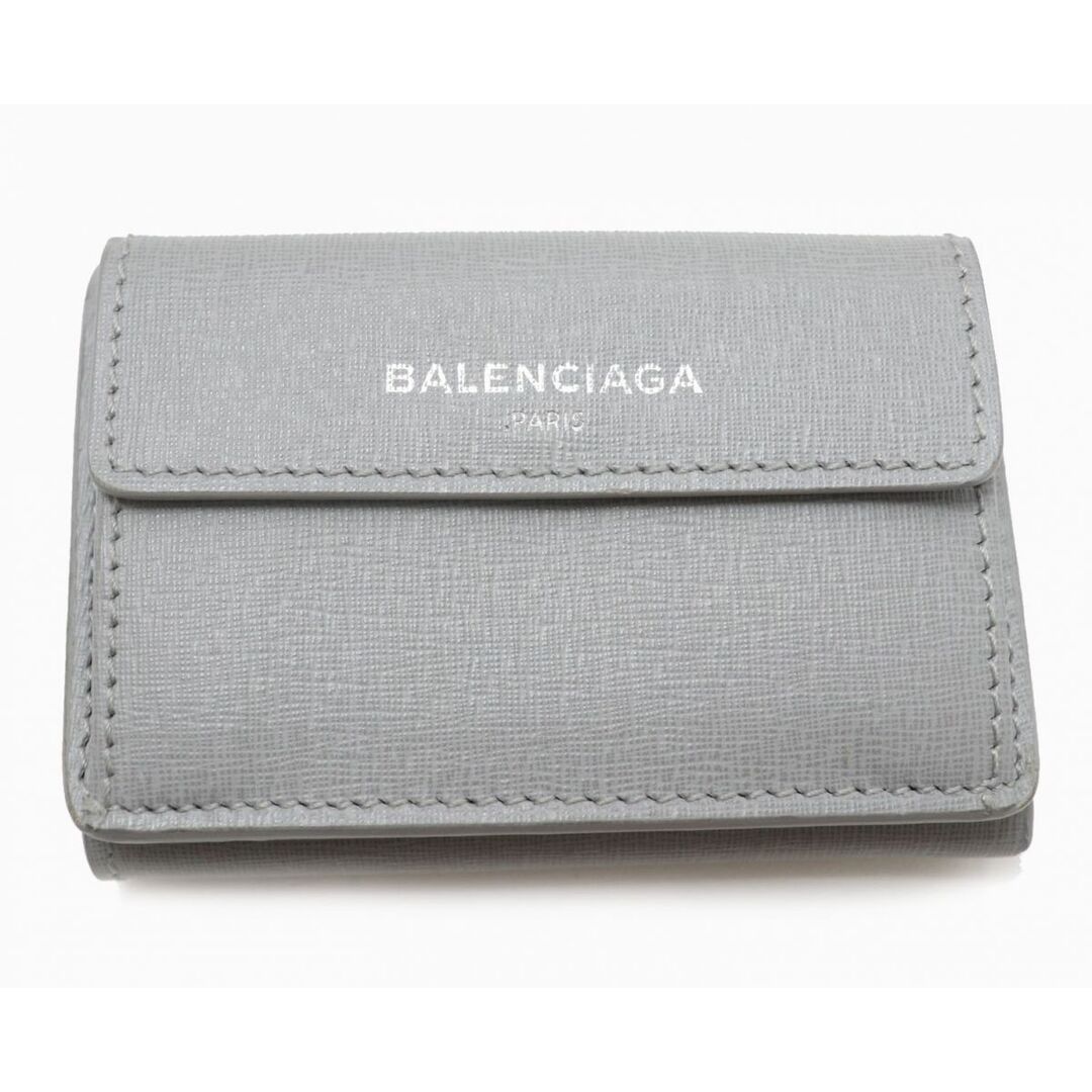 約65cmヨコ極美品★BALENCIAGA バレンシアガ 410133 ロゴ入 レザー 三つ折り財布 ミニウォレット/コンパクトウォレット ライトグレー 伊製 箱・保管袋