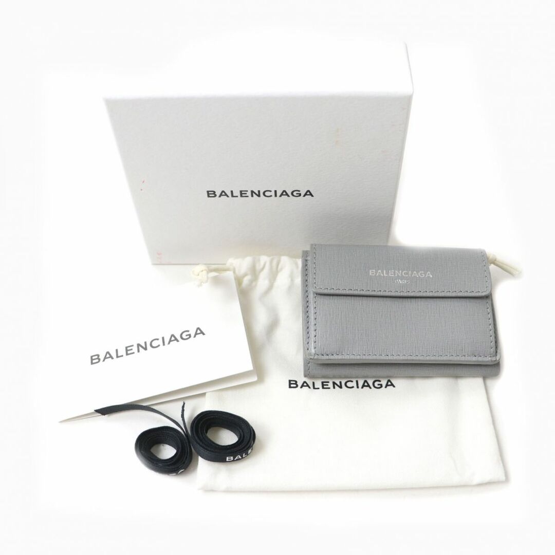 極美品★BALENCIAGA バレンシアガ 410133 ロゴ入 レザー 三つ折り財布 ミニウォレット/コンパクトウォレット ライトグレー 伊製 箱・保管袋