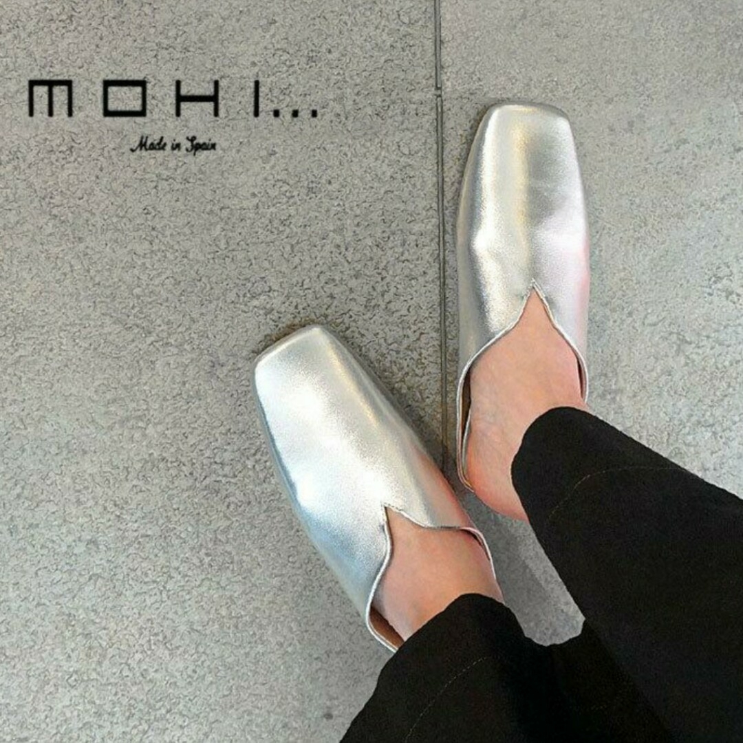 MOHI モヒ 本革 スクエアトゥ スリッポン レザー シルバー フラット-