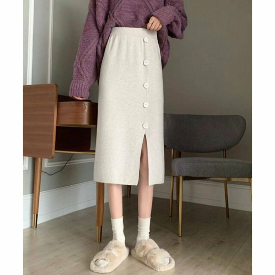 【ホワイト】【Dewlily】ボタンデザインスリットスカート レディースのスカート(ロングスカート)の商品写真