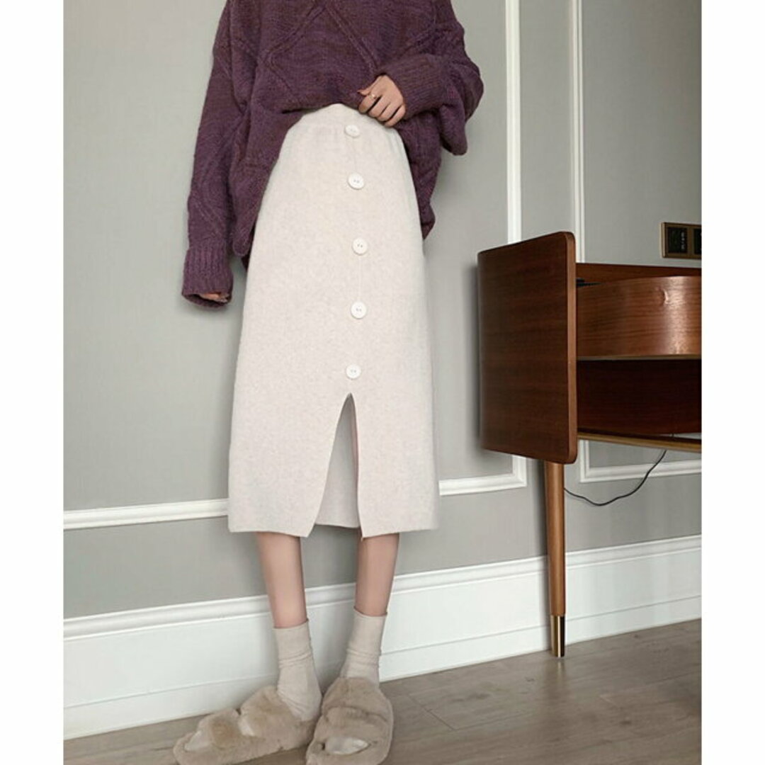 【ホワイト】【Dewlily】ボタンデザインスリットスカート レディースのスカート(ロングスカート)の商品写真