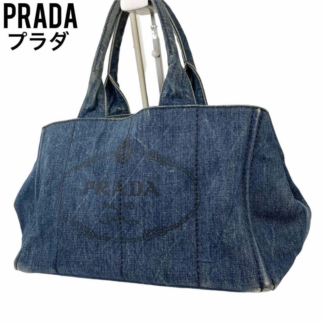 ✨良品 PRADA プラダ ハンドバッグ カナパ デニム 白タグ 三角プレート-