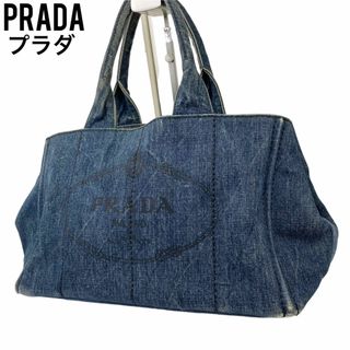 大容量✨PRADA ハンドバッグ カナパM デニム ベージュ 白タグ 三角ロゴ