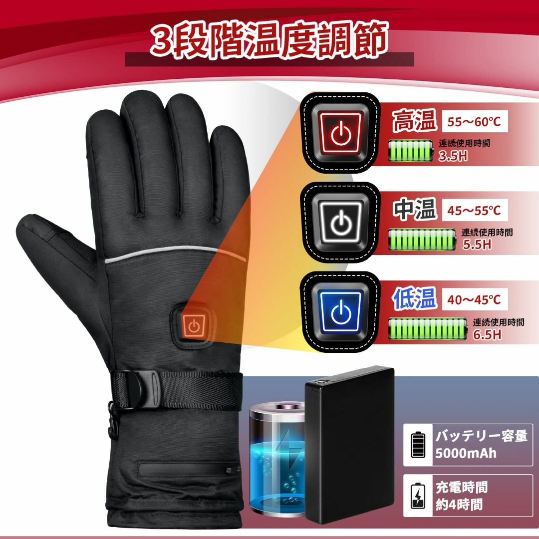 Homwarm 電熱グローブ ヒーター手袋 3段階温度調節 DC 3.7V 50