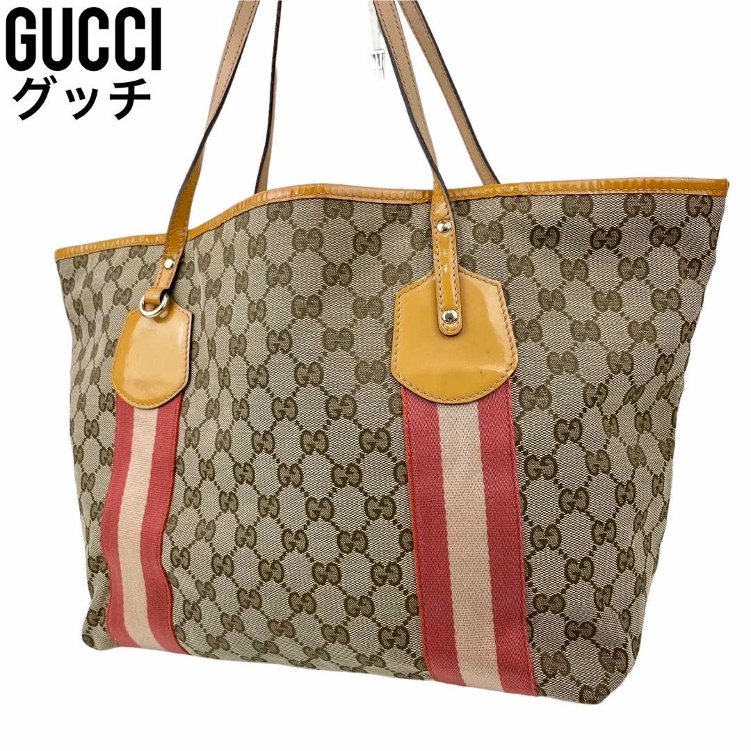 ✨良品 GUCCI グッチ トートバッグ GGキャンバス レザー シェリーライン-