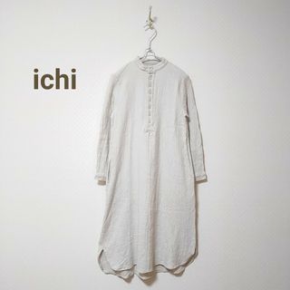 ichi ボリュームピンタックシャツワンピース リネン混 バンドカラー 羽織り