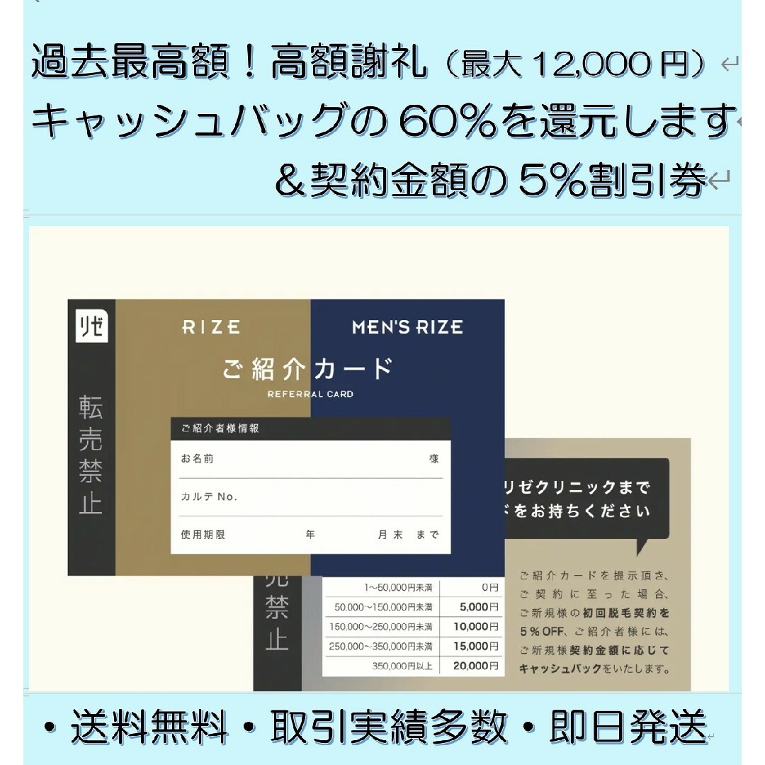 メンズリゼの紹介カード 高額謝礼60％ 最大12,000円 5％割引クーポン コスメ/美容のボディケア(脱毛/除毛剤)の商品写真