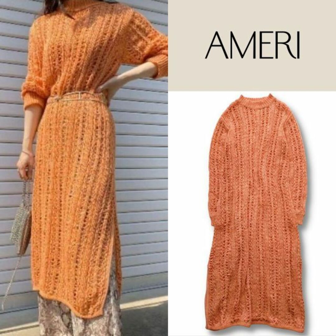 Ameri VINTAGE(アメリヴィンテージ)のアメリ AMERI ニット ロング ワンピース オレンジ リネン混 レディースのワンピース(ロングワンピース/マキシワンピース)の商品写真