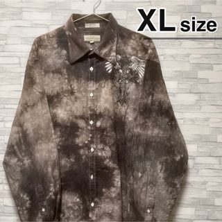 シャツ(shirts)の柄シャツ　長袖　XLサイズ　グレー　総柄　コットン　USA古着　Vintage(シャツ)