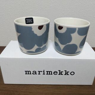 新品 2個 marimekko ウニッコ マグカップ ブルーグレー×ホワイト