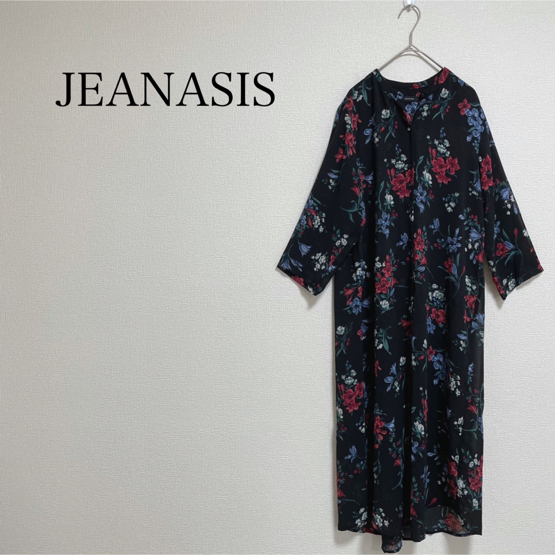 JEANASIS(ジーナシス)の【中古美品】JEANASIS花柄シャツワンピース　黒　フリーサイズ　羽織り レディースのワンピース(ロングワンピース/マキシワンピース)の商品写真