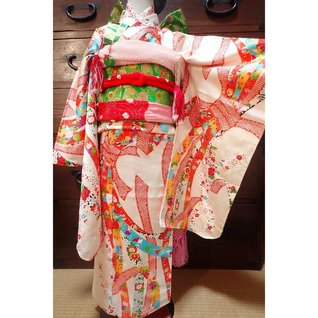 ☆sold out☆ 七歳 正絹ピンク熨斗文 お着物フルセット-