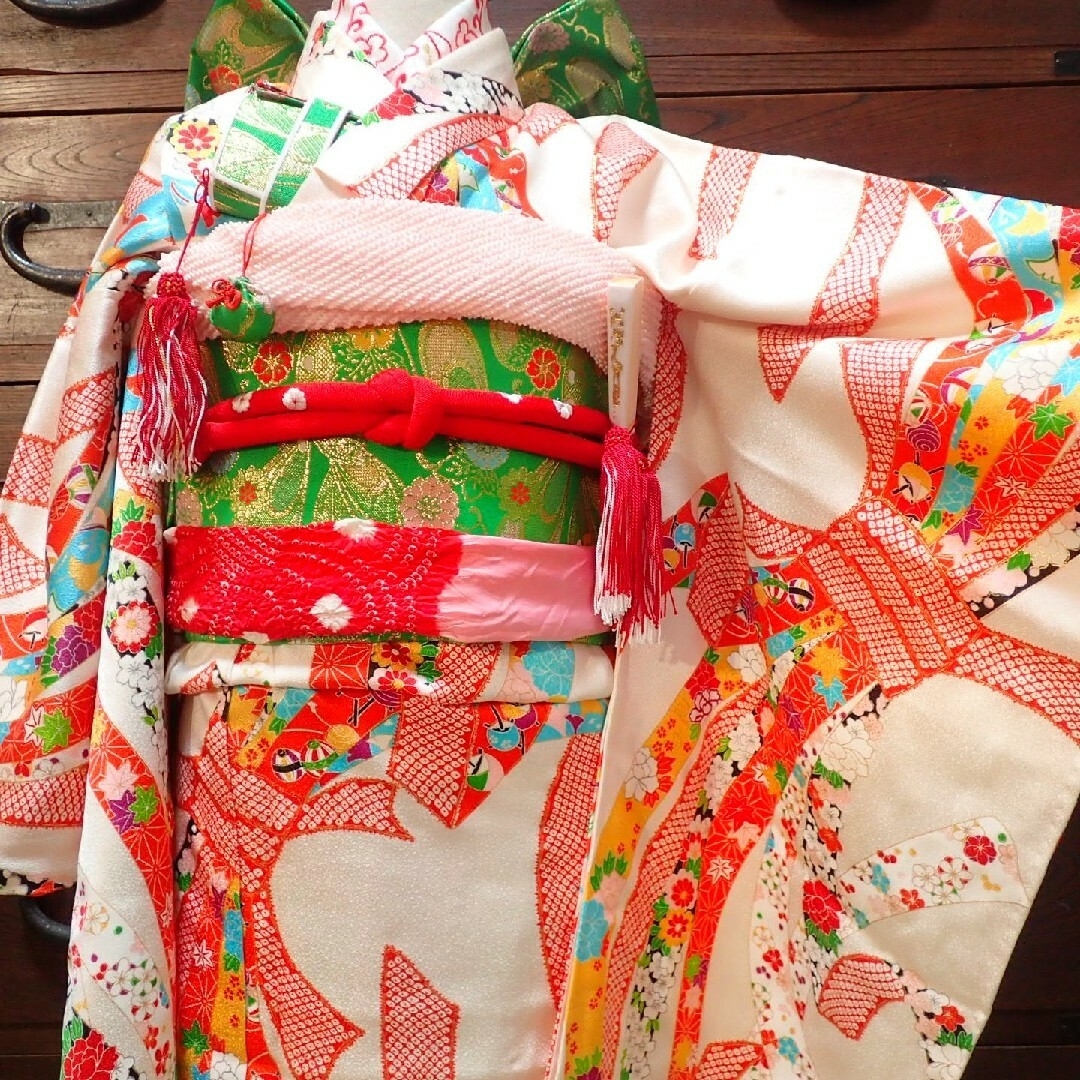 ☆sold out☆ 七歳 正絹ピンク熨斗文 お着物フルセット-