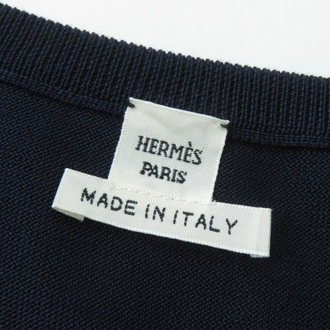 極美品★正規品 HERMES エルメス Hロゴ シルク100% Vネック ノースリーブ ワンピース レディース ネイビー 34 イタリア製 シンプル◎