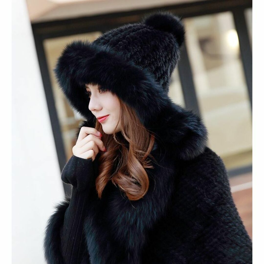 新品限定◆フォックスとミンク編みこみ帽子 ◆ポンポン付き/黒◆毛皮ファー