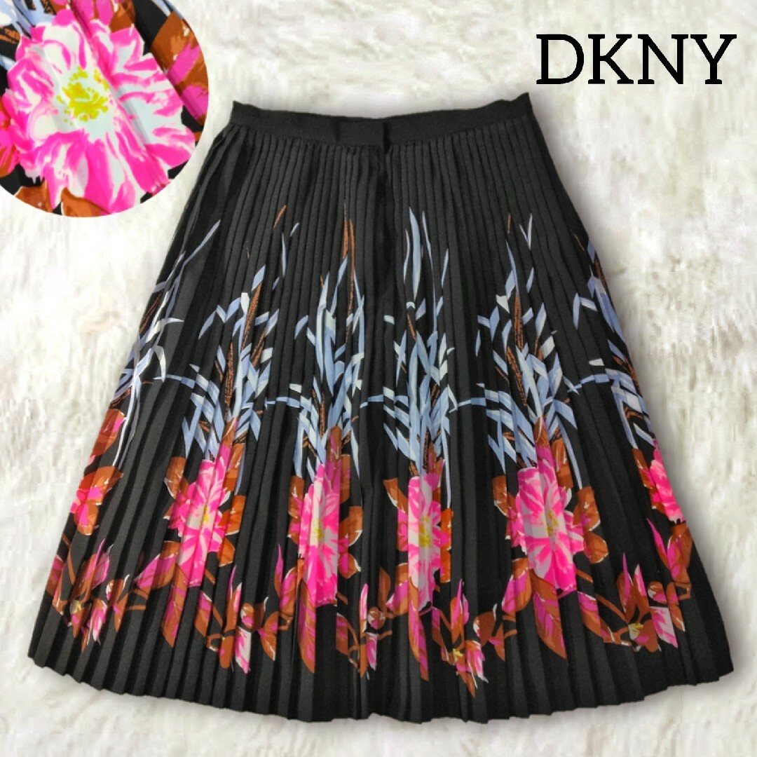 DKNY - DKNY ✿ ダナキャラン 大判 花柄 フレア プリーツスカート 2 黒