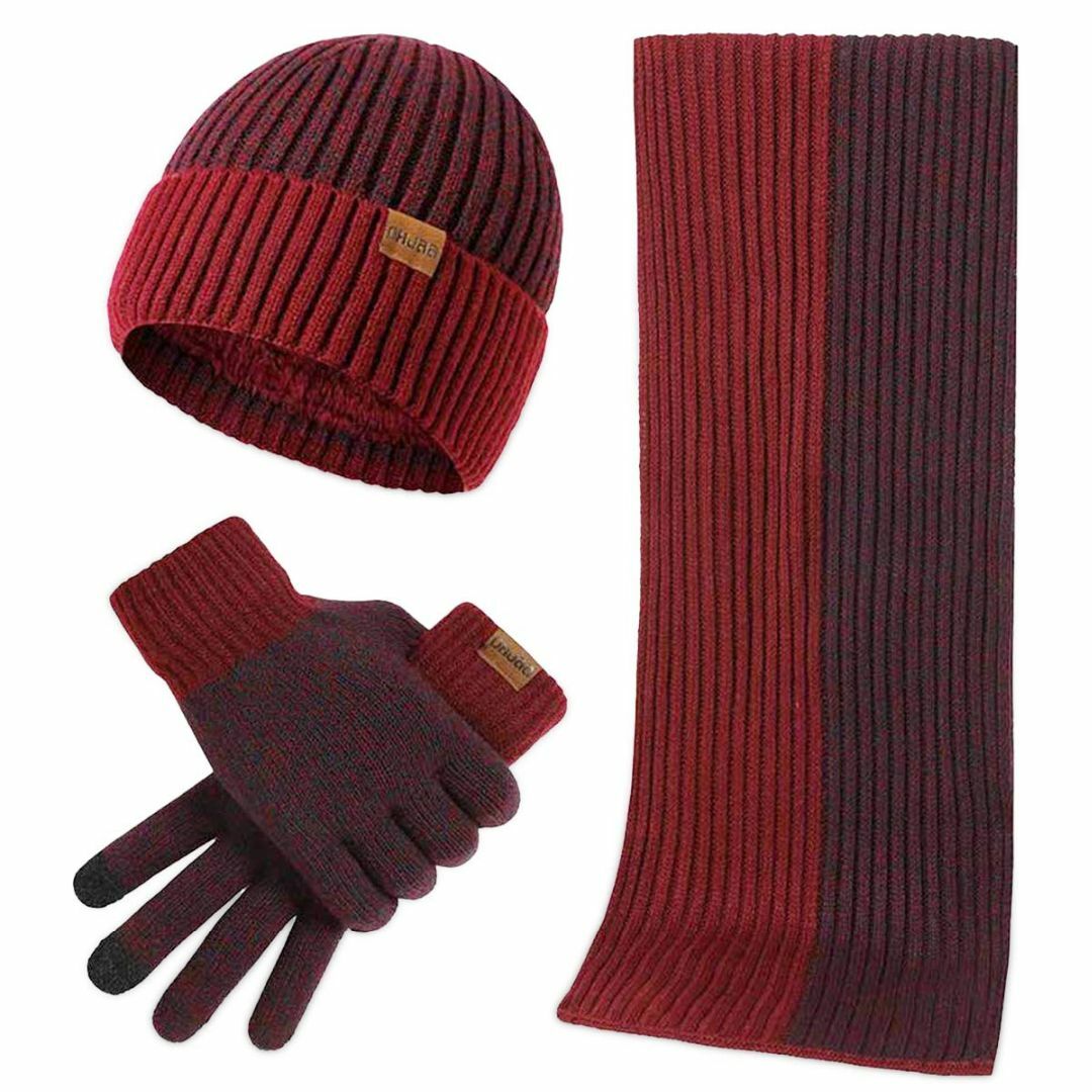 【色: レッド】[LumiSyne] 冬3で1 ニット帽子スカーフと手袋 メンズ