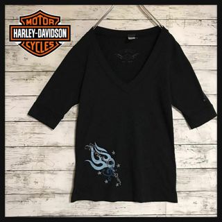 ハーレーダビッドソン(Harley Davidson)の【USA製】ハーレーダビッドソン　ラメプリントＶネックTシャツ　黒　F602(Tシャツ(半袖/袖なし))