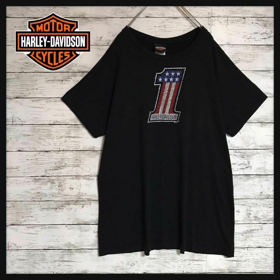 Harley Davidson(ハーレーダビッドソン)の【USA製】ハーレーダビッドソン　１サインビジューTシャツ　人気黒　F577 レディースのトップス(Tシャツ(半袖/袖なし))の商品写真