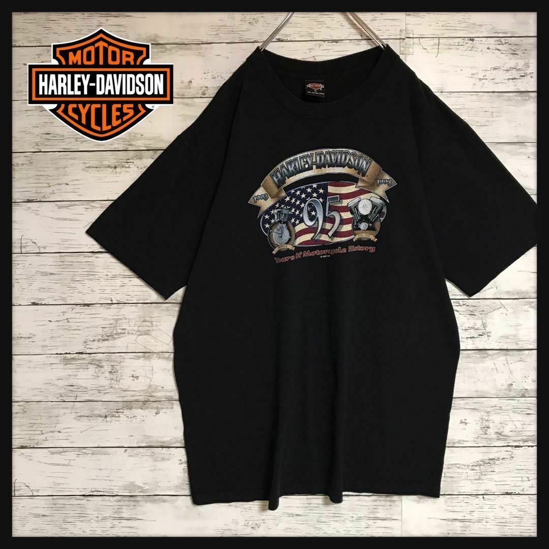 Harley Davidson(ハーレーダビッドソン)の【USA製】ハーレーダビッドソン　USA国旗デザインTシャツ　人気黒　F578 メンズのトップス(Tシャツ/カットソー(半袖/袖なし))の商品写真
