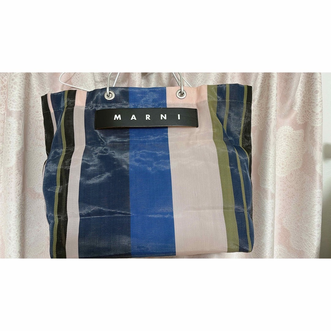 marni マルニ　フラワーカフェストライプバッグ　ナイトブルー