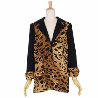 美品 レオナール LEONARD PARIS ジャケット テーラード レオパード ウール ニット アウター レディース 40(M相当) ブラック/ベージュ