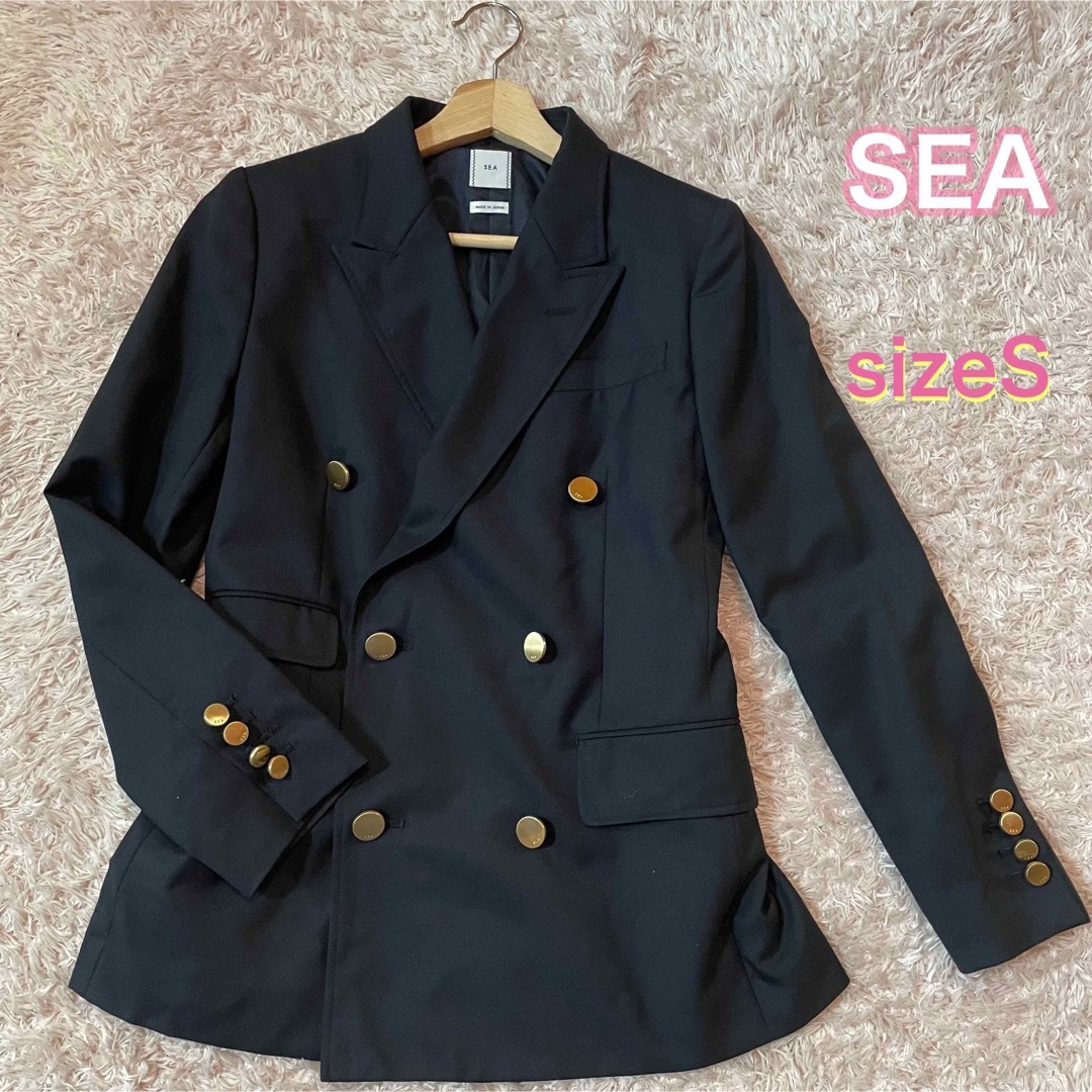 【美品】SEA　ジャケット　紺ブレザー　カシミヤ混　金ボタン　ダブルレディース