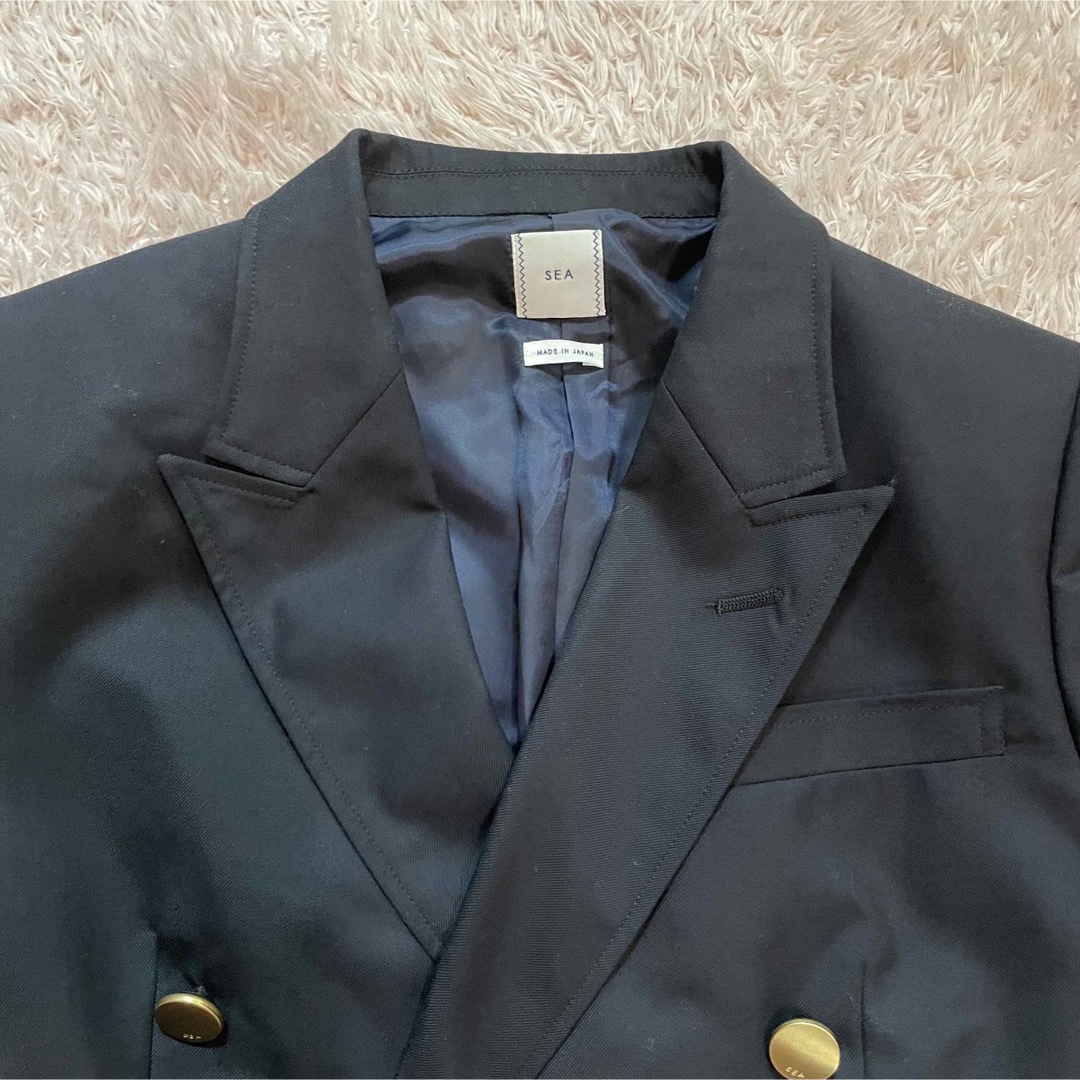 【美品】SEA ジャケット 紺ブレザー カシミヤ混 金ボタン ダブル