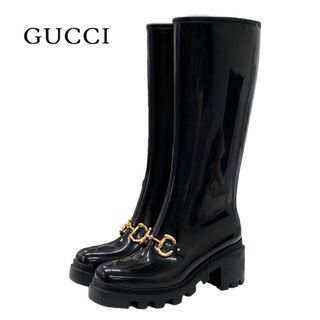 グッチ(Gucci)のグッチ GUCCI ブーツ ロングブーツ 靴 シューズ ラバー ブラック 黒 ゴールド 未使用 レインブーツ ホースビット(ブーツ)