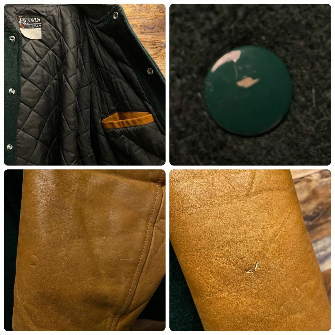 USA製バトウィンスタジャンxl緑グリーン本革袖革袖レザー刺繍茶色ブラウン