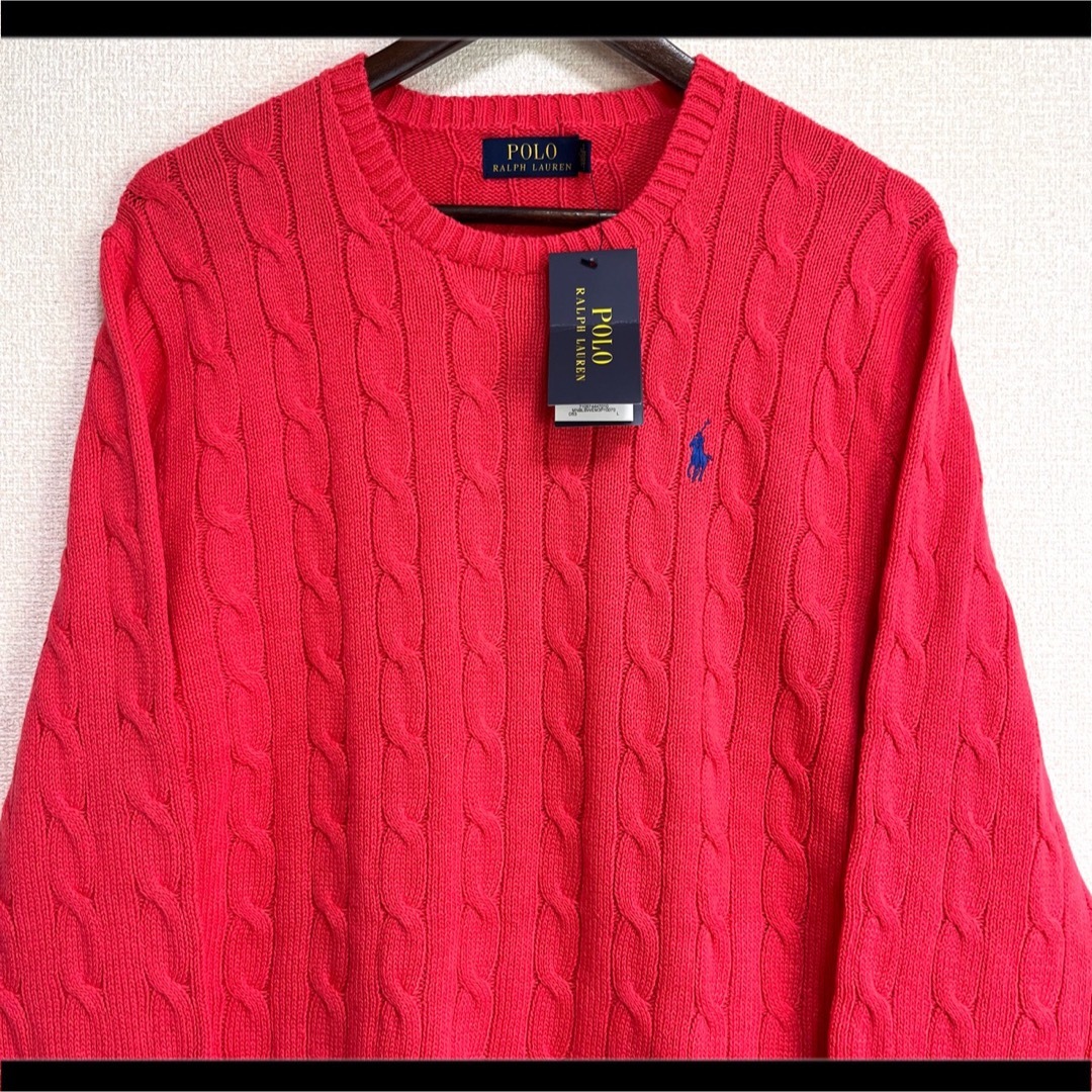 レディース未使用タグ付 ラルフローレン ニット セーター ケーブル 赤系 青ポニー刺繍 L