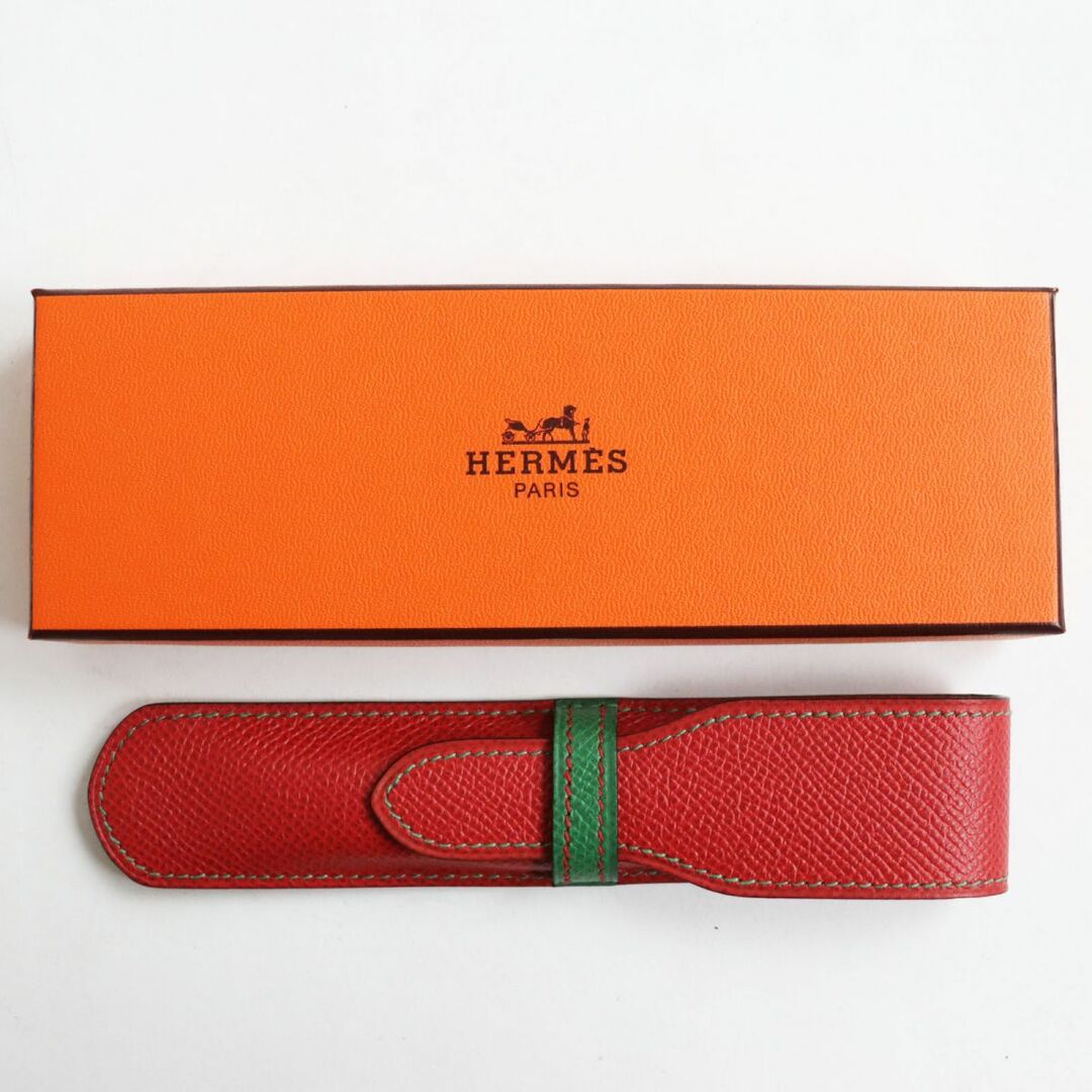 極美品●HERMES エルメス クシュベル バイカラー レザーペンケース/筆箱 レッド×グリーン フランス製 〇Z刻印 箱付き ユニセックス 1