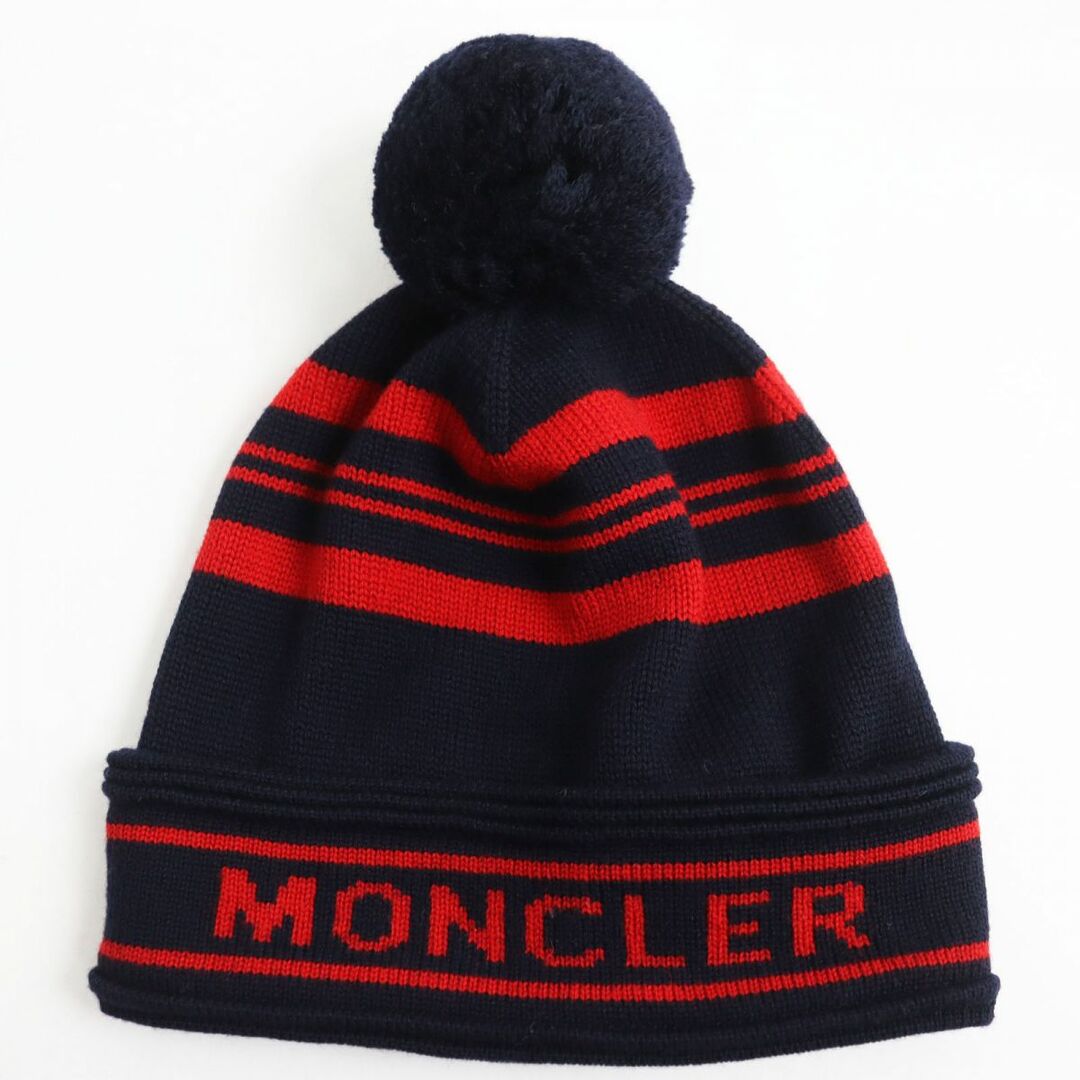 未使用品●MONCLER モンクレール BERRETTO ウール100％ ボーダー ロゴ入 梵天付 ニットキャップ/帽子 ダークネイビー×レッド 伊製  正規品 | フリマアプリ ラクマ